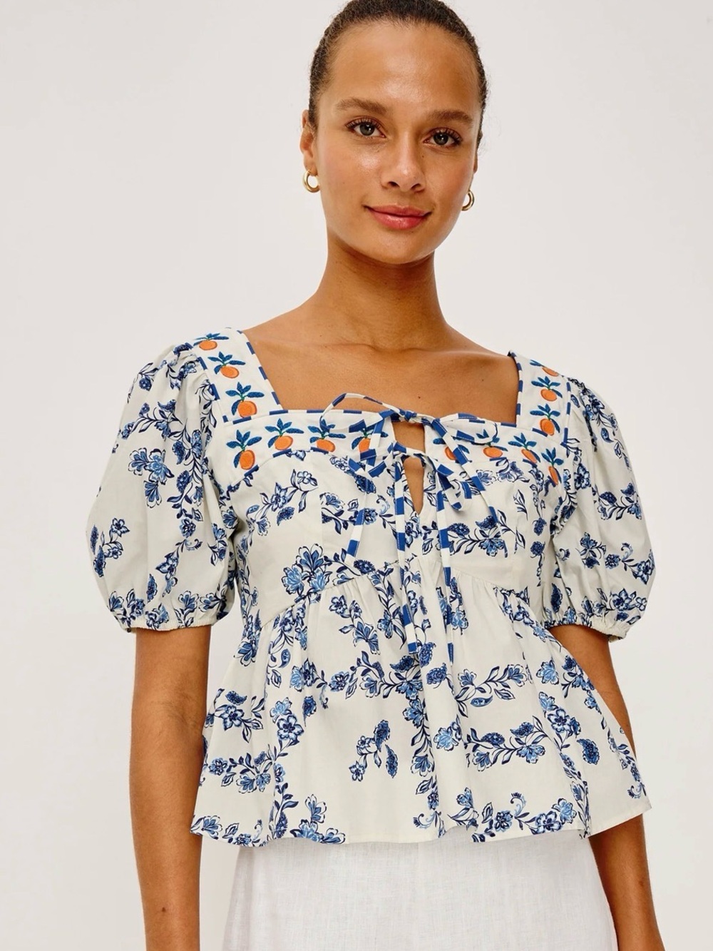 Rails White Blue Floral Puff-Sleeve Tie-Front Top